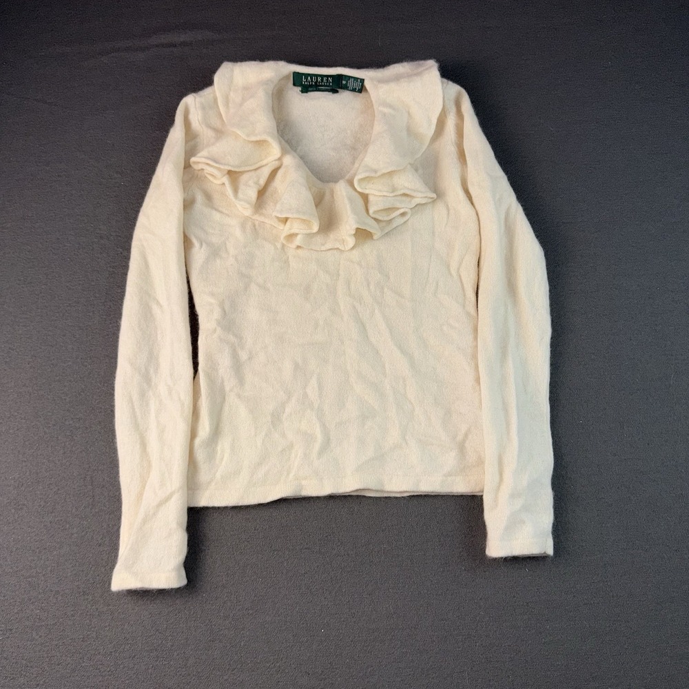 Lauren Ralph Lauren Womens Ivory 100% Cashmere Ruffle Neck Sweater P/P XXS